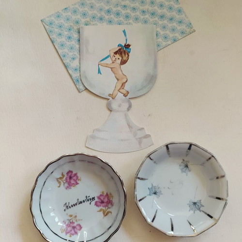 Vintage Baptism Set (1977) with Invitation and Two Porcelain Bowls