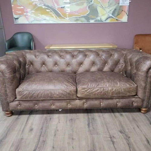 Antique Brown Leather Chesterfield Sofa Set Three- and Two-Seater New