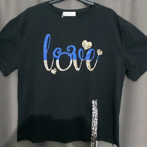 Γυναικεία μπλούζα μαύρη με σχέδιο Love από μπλε στρασάκια, καινούργια, μέγεθος S/M