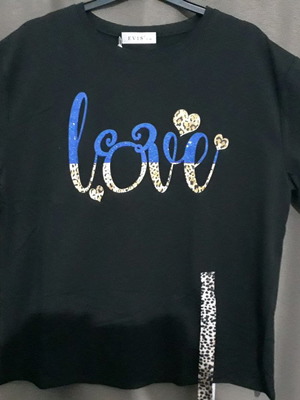 Γυναικεία μπλούζα μαύρη με σχέδιο Love από μπλε στρασάκια, καινούργια, μέγεθος S/M