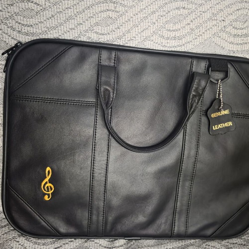 Leather Briefcase for Sheet Music new, black with embroidered treble clef