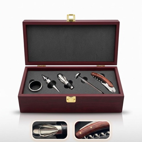 Wine Accessories Set in Wooden Velvet Case, New, 5 Pieces