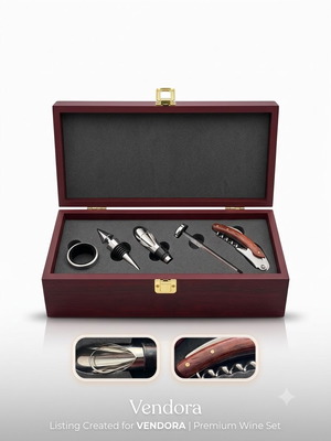 Wine Accessories Set in Wooden Velvet Case, New, 5 Pieces
