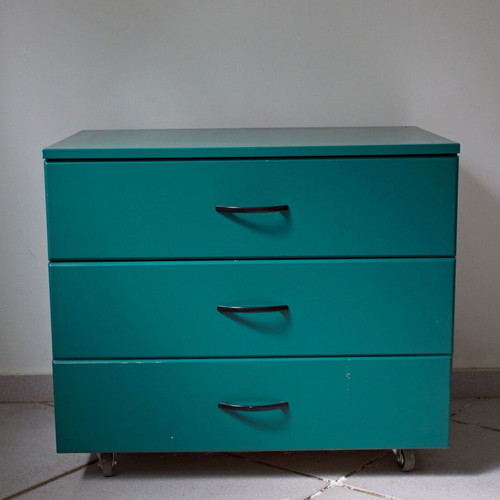 Wooden drawer cabinet used green with 3 drawers and wheels