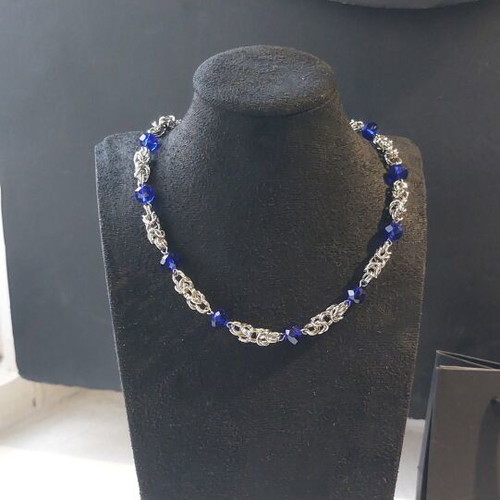 Chainmail necklace with blue beads handmade, stainless steel and glass