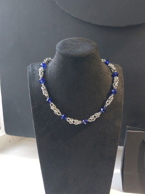 Chainmail necklace with blue beads handmade, stainless steel and glass