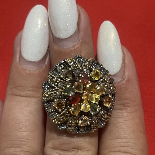 925 silver and 9K gold ring with diamonds and semi-precious stones, size 57