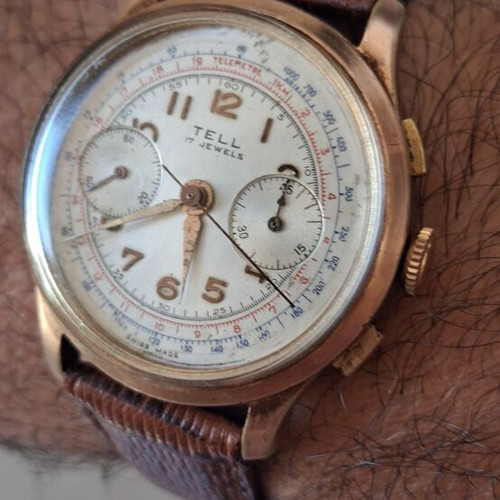 Tell 1950 mechanical chronograph watch used, beige and gold