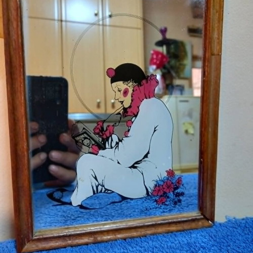Wall mirror with Pierrot clown print in wooden frame, used 1980s