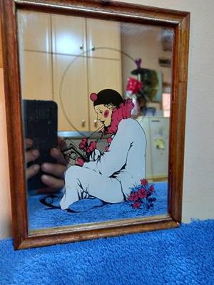 Wall mirror with Pierrot clown print in wooden frame, used 1980s