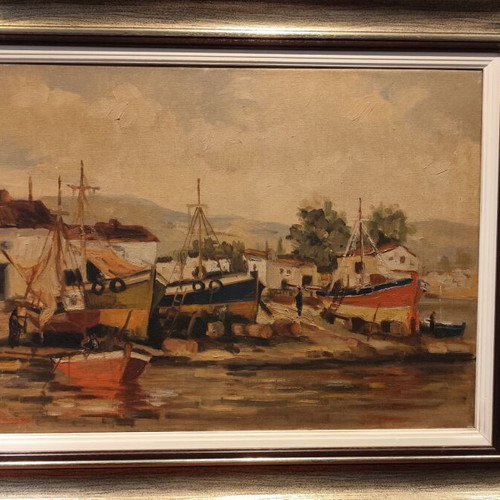Oil painting on canvas by Antonis Karras used, seaside landscape with fishing boats