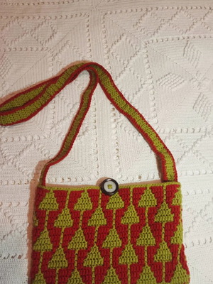 Boho shoulder knitted bag like new, handmade, orange and green