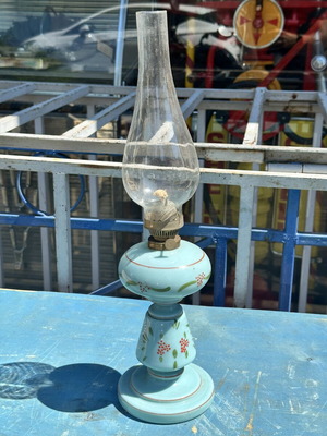 Vintage opaline oil lamp used with hand-painted floral decor 45x11.5 cm