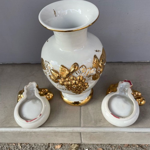 Porcelain vase gilded like new with grape designs and two ashtrays