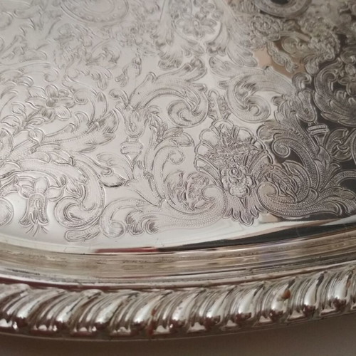 Serving tray used, stainless steel vintage with embossed design 39x28.5 cm