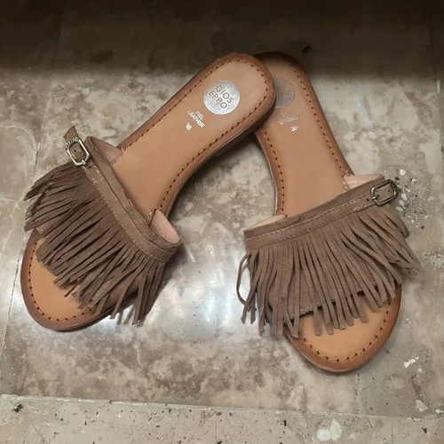 Leather sandals with suede fringe, size 36, beige brown