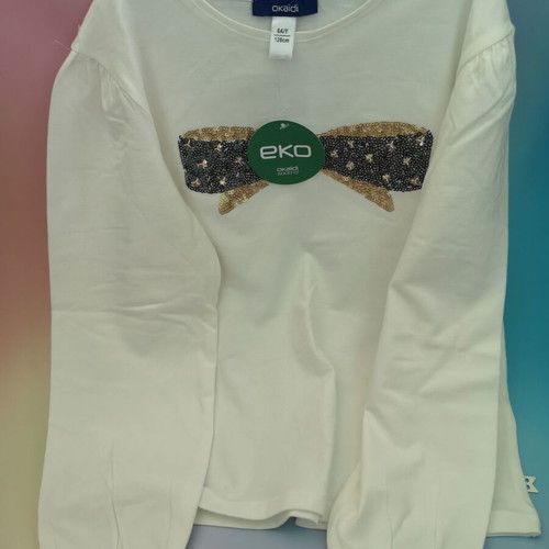 Okaidi white girls' long sleeve blouse with sequin bow size 128