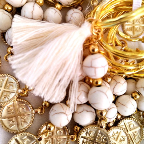 Handmade baptism keychains with haolite semi-precious stones and tassel made to order