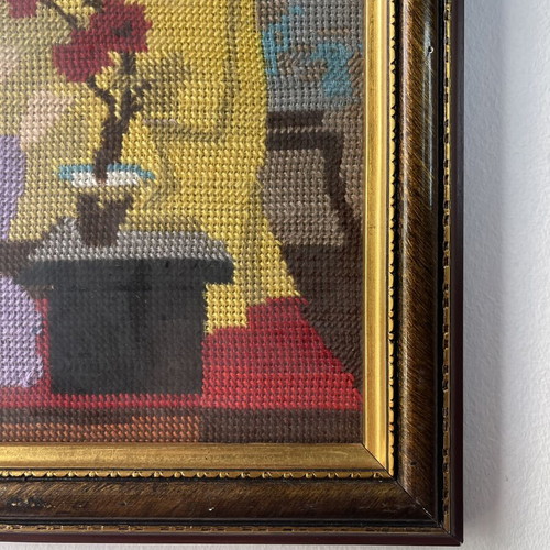 Vintage embroidery canvas with geishas framed