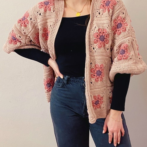 Knitted cardigan handmade new, grannysquare pink and purple