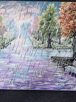 Acrylic painting handmade "Autumn Rain" like new 40x60