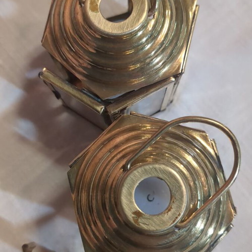 Small brass hexagonal lanterns for tealights used, set of 2