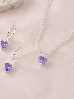 Necklace and earrings set purple hearts new silver