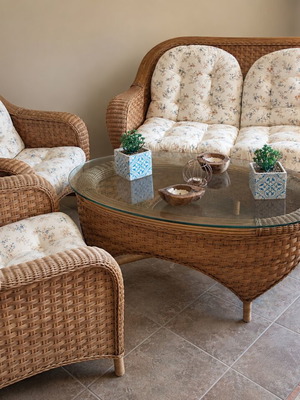 Bamboo outdoor sofa set like new with loveseat, two armchairs and table