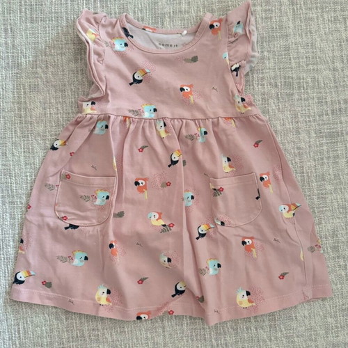 Name It baby dress cotton pink with parrot print, like new, size 6-9 months