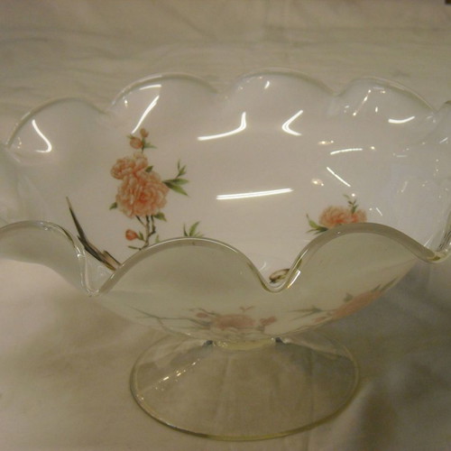 Vintage fruit bowl used, double white glass with swallows