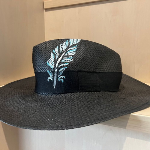 Men's black straw hat with handmade painted design like new