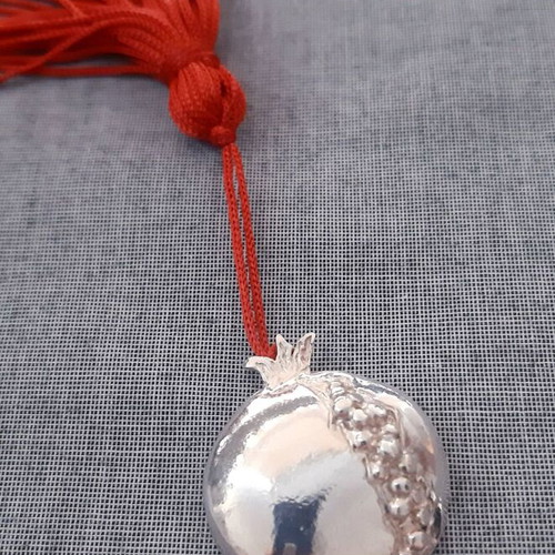 Silver pomegranate charm with red silk tassel, 925 silver, handmade