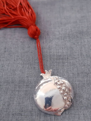Silver pomegranate charm with red silk tassel, 925 silver, handmade