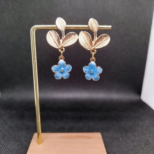 Handmade hypoallergenic earrings with blue iridescent flowers