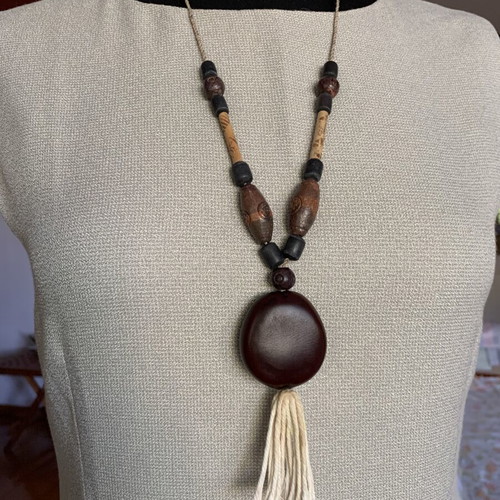 Handmade summer necklace like new, wooden beads, ceramic, stone, thread