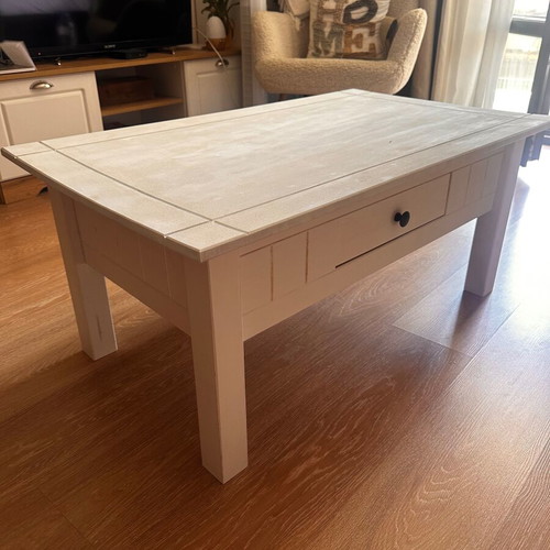 White coffee table used with drawer and chalk paint top