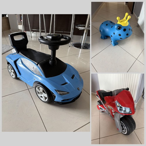 Bundle 3-in-1 Ride-On Motorcycle, Car and Inflatable Frog Toy used