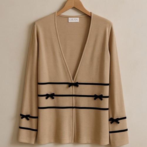 Beige Oaks cardigan with black velvet bows like new