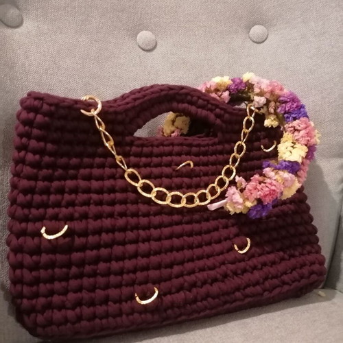 Handmade crochet handbag in eggplant color with gold details