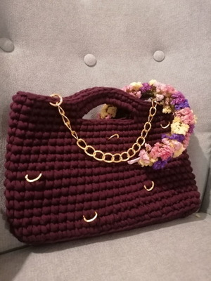 Handmade crochet handbag in eggplant color with gold details