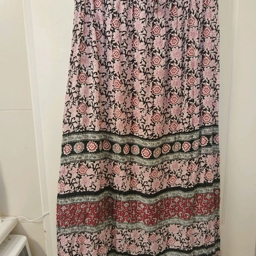 Boho long skirt Peacocks refurbished, white and red, size XL