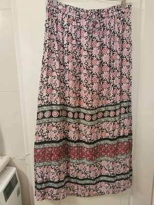 Boho long skirt Peacocks refurbished, white and red, size XL