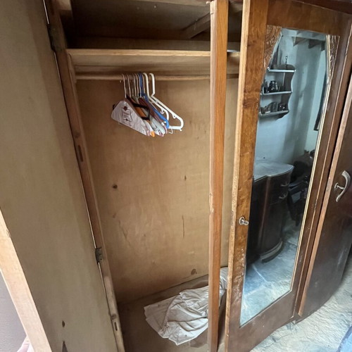Wooden wardrobe used, three-door with mirror and shelves, antique