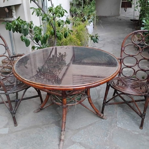 Bamboo furniture set with round and rectangular glass tables and 6 chairs
