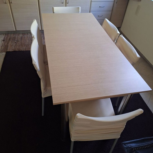 Furniture set with two single beds, mattresses, two nightstands, dresser and extendable kitchen table with 6 chairs
