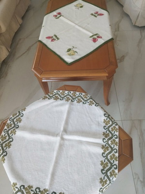 Set of 2 Handmade Embroidered Table Linens like new, traditional cross-stitch