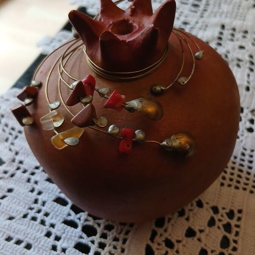Handmade Ceramic Pomegranate with Coral and Semi-Precious Stones like new