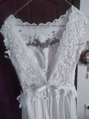 A-Style wedding dress, handmade, white ice color, lace top, muslin skirt, small train
