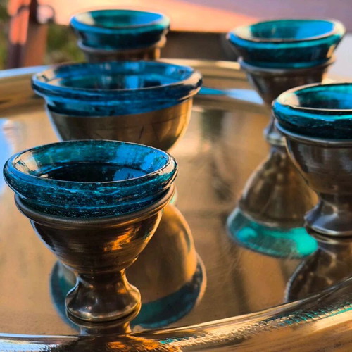 Vintage liqueur set used with bronze and blue glass cups