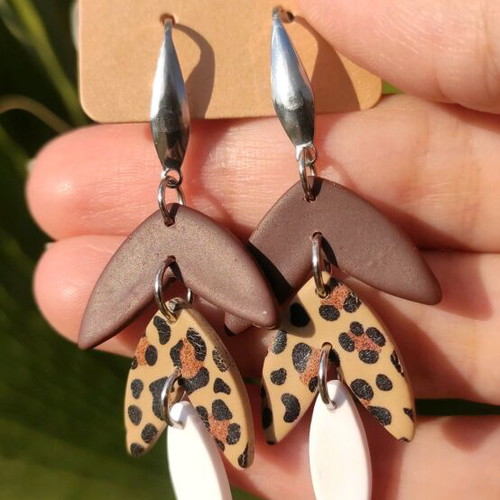 Handmade earrings new from polymer clay, beige and brown